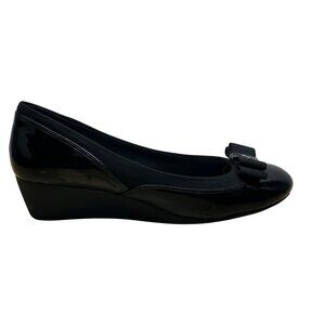 Anne Klein Sport Women’s Black Patent Leather Bow Slip-On Wedge Pumps Size 8.5M